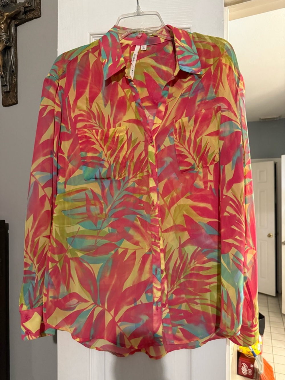 Bellatrix Vibrant Pink Yellow Aqua Leaf-Print Blouse